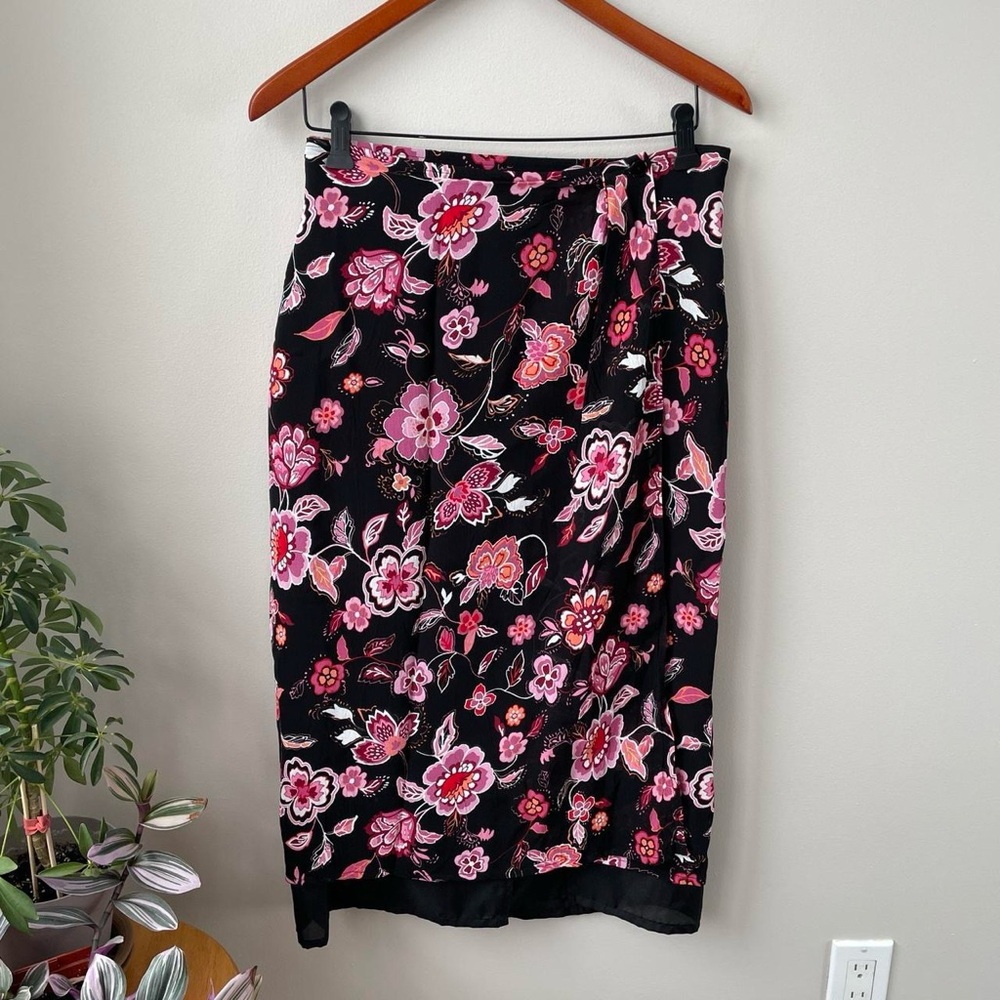 Vintage Black and Pink Floral Midi Pencil Wrap Skirt